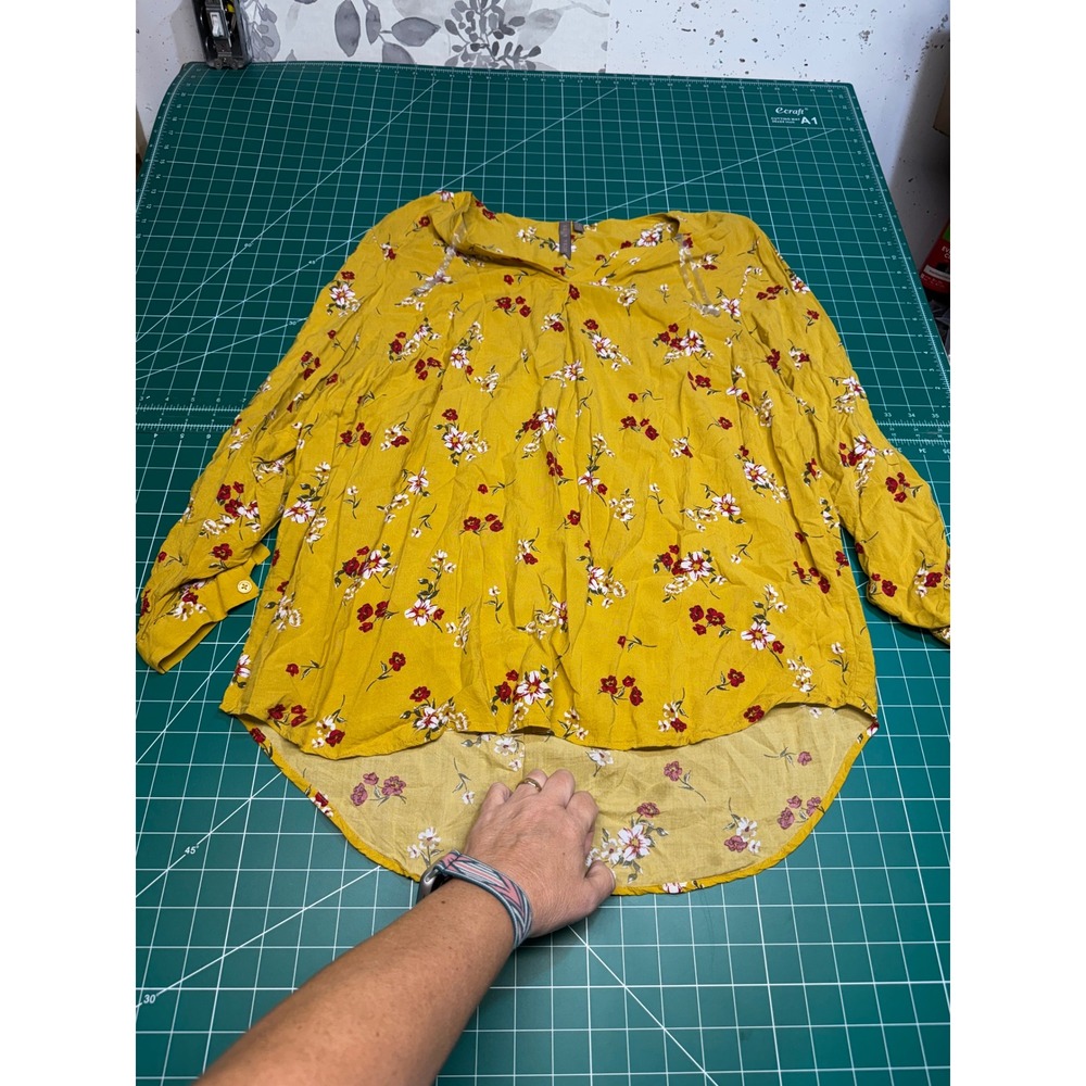 Brina & EM Womens 1X Mustard Yellow Floral High Low Blouse Long Sleeve Top